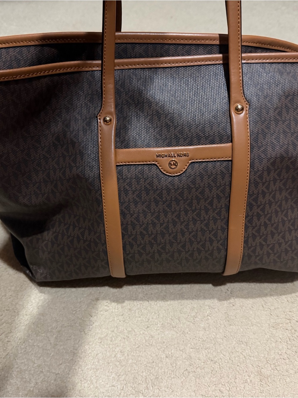 Michael Kors Dark Brown Signature Tote with Tan Trim